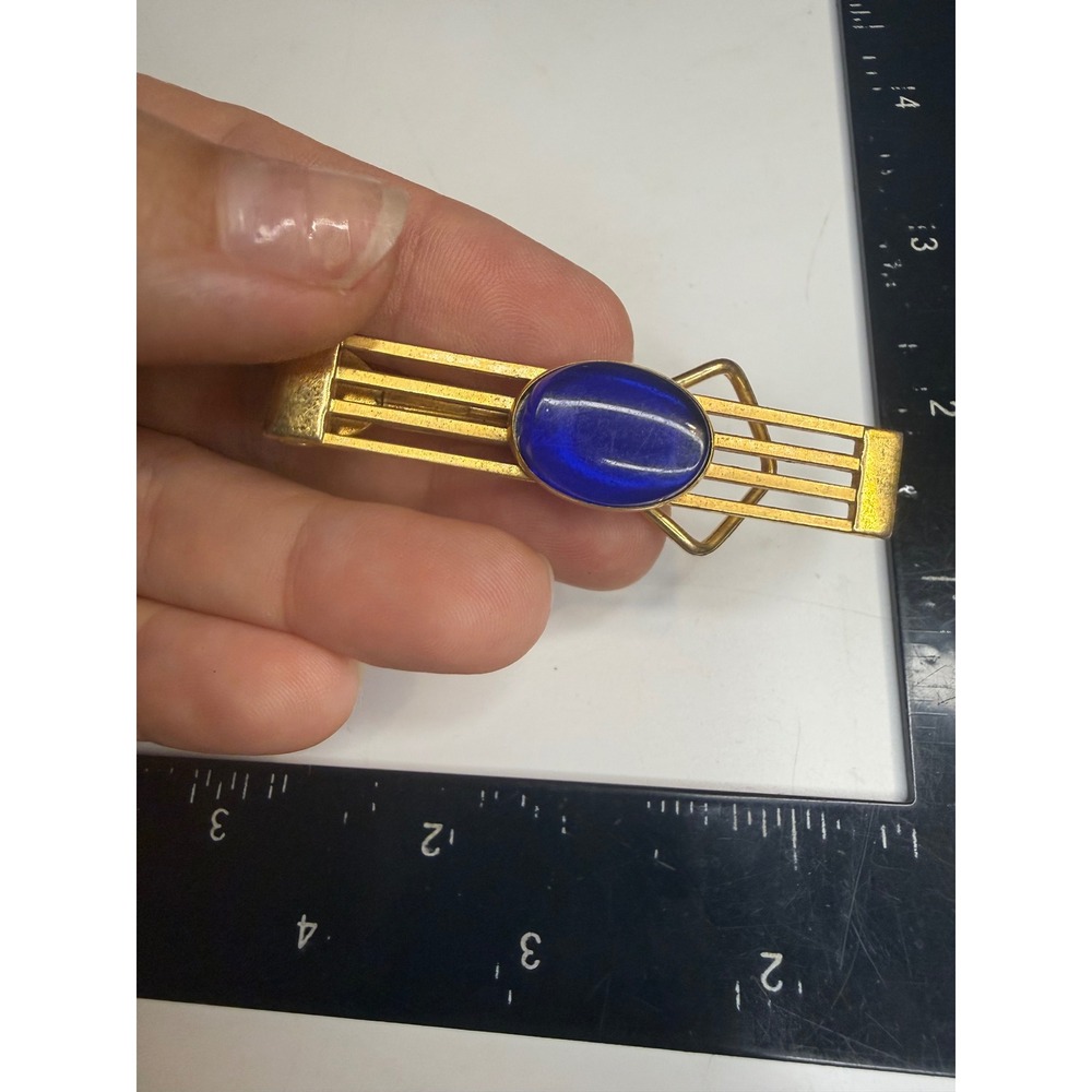 Swank Gold Plate Tie Clip Blue Cabochon Art Deco Pat 174540 Mens Accessory
